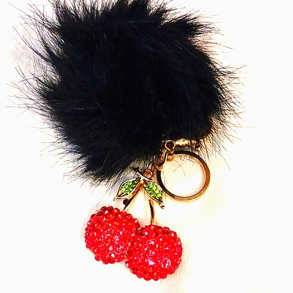Crystal Cherries Bag Charm Key Chain Red w Black Faux Mink Black Pom - Picture 1 of 14